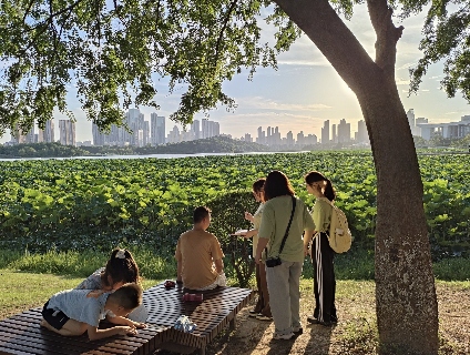 實(shí)踐團(tuán)于琴臺(tái)公園進(jìn)行訪談?wù){(diào)查(吳卓閱攝)